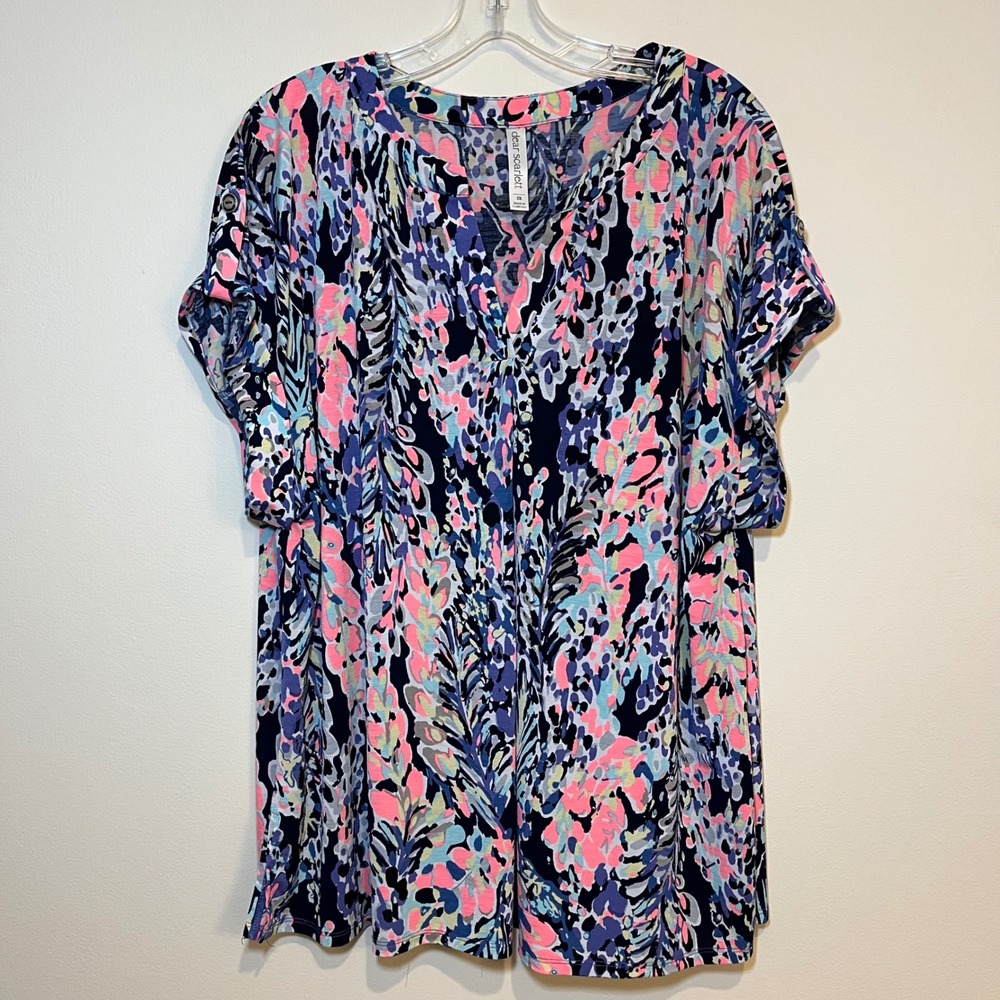 Dear Scarlett Lizzy Blouse Short Sleeve Shirt Top Multicolor Leaf Plus Size 2X